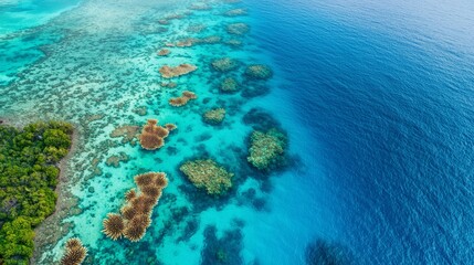 Obraz premium Aerial view of vibrant coral reefs and clear blue waters.
