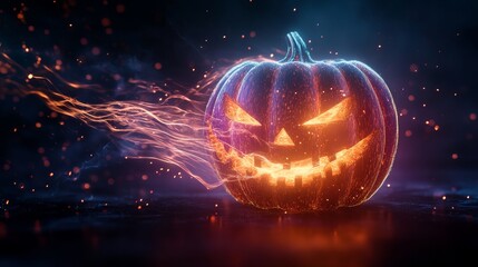 Obraz premium Stylized Jack-o-lantern with futuristic holographic lighting, sparks flying in neon hues, digital vaporwave aesthetic, glowing edges, dramatic contrasts, dark purple and blue background