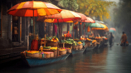 Obraz premium vibrant row of boats shaded by colorful umbrellas, selling fresh vegetables and fruits along serene waterway. scene captures essence of lively market atmosphere, enhanced by gentle rain