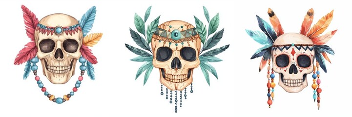 Fototapeta premium Colorful decorative skulls with feathers on a white isolated background, boho style