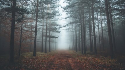 Fototapeta premium A misty forest path surrounded by tall trees, creating an atmospheric and serene scene.