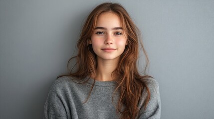 Fototapeta premium A young woman with long brown hair and blue eyes is looking at the camera with a soft smile. She is wearing a grey sweater.