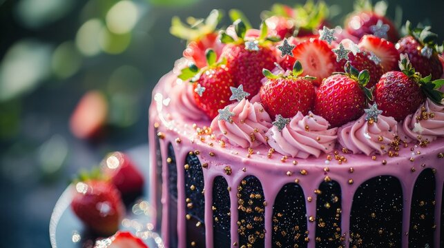 Chocolate Cake with Pink Frosting and Fresh Strawberries