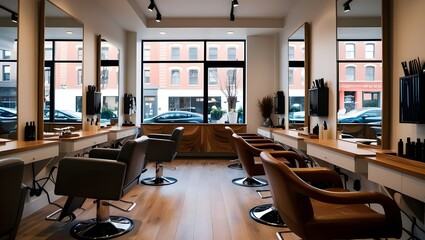 A cozy hair salon with sleek modern chairs and mirrors