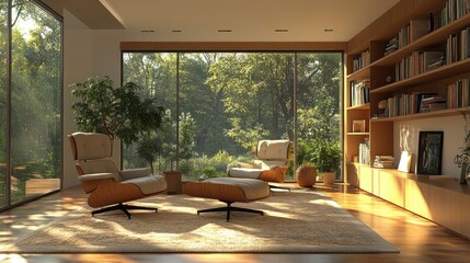 Fototapeta premium Cozy modern living room with large windows and natural greenery.