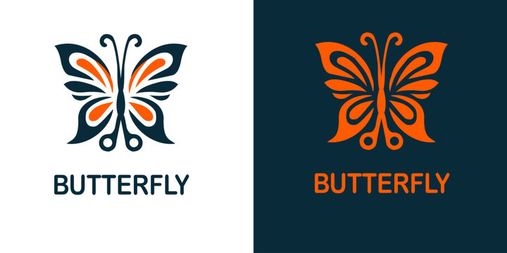 Elegant butterfly and scissors logo design with symmetrical shapes in black and orange. Suitable for salon or tailor logos that require a graceful and modern symbol.
