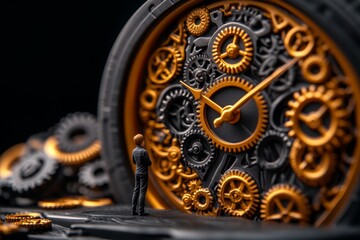 Obraz premium Hyper-realistic image of a person standing in front of a massive clock, with every gear and tick of the hands captured in lifelike detail, representing the control of time and fate in determinism