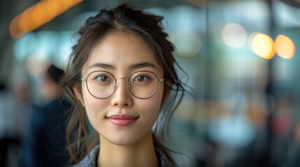 Obraz premium A woman with glasses is smiling at the camera