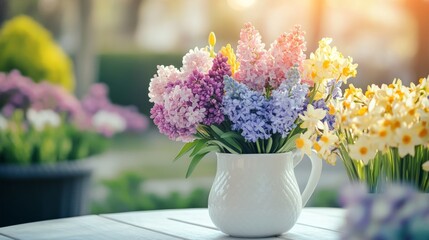 Colorful Spring Flowers in a White Jug on a Wooden Table
