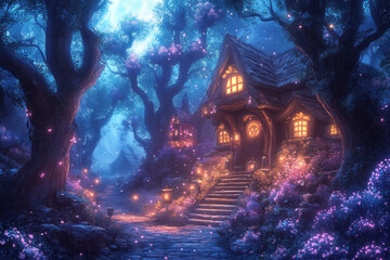 Fototapeta premium Enchanting Nightscapes: A Journey Through a Magical Fairy Tale Forest