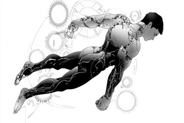 Simple line art of gears interlocking with a human silhouette, representing the idea that human actions are controlled by deterministic forces