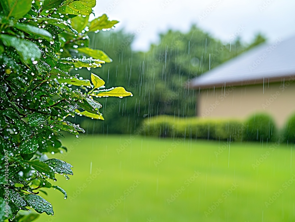 Wall mural rain falling on lush green leaves in a garden setting.