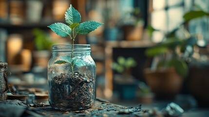A young plant grows in a jar, symbolizing nurturing and growth in a serene environment.