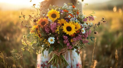 A woman holding a bouquet of wild flowers with sunflowers in a field