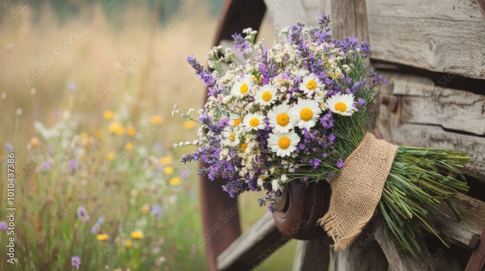 Sticker Rustic Wildflower Bouquet with Burlap Wrapping