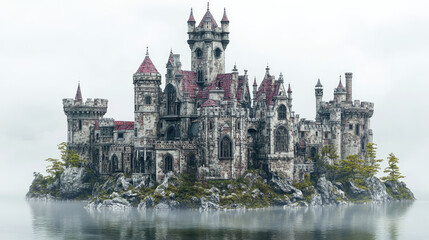 Obraz premium Ancient Stone Castle on a Foggy Island Surrounded by Water