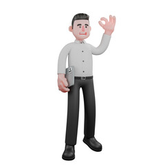 Male Businessman Character in Strategy 3D. A male businessman is standing with a tablet tucked in his right hand while his left hand is raised to give an ok symbol. Professional