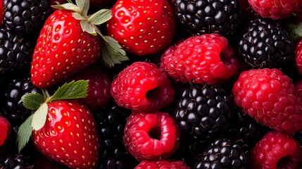 Fototapeta premium Close-Up of Fresh Strawberries, Raspberries, and Blackberries