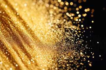 Shimmering gold particles on a dark background, creating a festive and luxurious effect.
