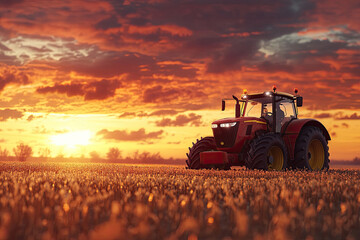 Fototapeta premium Tractor in golden field against a vibrant sunset, dramatic cloudscape.