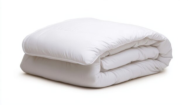 Folded soft white blanket, bedspread or duvet for a comfortable sleep. White blanket folded on a white background. Fabric structure. 3D blanket model. Comfortable sleep. Close up photo