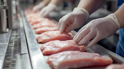 Obraz premium Gloved Hands Placing Raw Chicken Breast Filets on a Conveyor Belt
