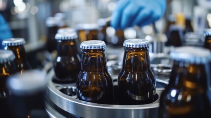 Close-up of Brown Glass Bottles on a Conveyor Belt in a Brewery