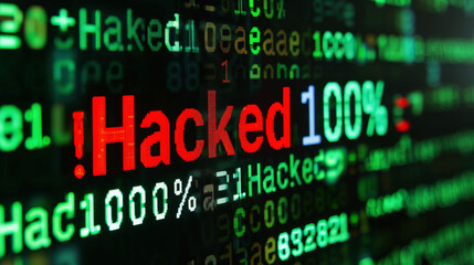 Fototapeta premium hacked text on Bits and bytes binary code on a dark background. Concept of hacking cybersecurity.