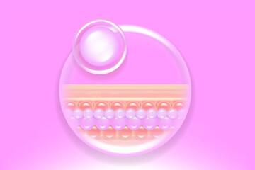 Hyaluronic acid and Niacinamide skin solutions ad, pink collagen serum drops into skin cell with cosmetic advertising background ready to use, illustration vector.