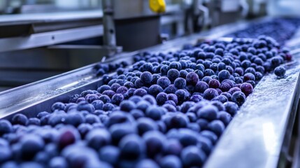 Fototapeta premium Close-up of Fresh Blueberries Moving on a Conveyor Belt in a Food Processing Plant