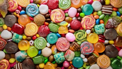 Fototapeta premium Assortment of colorful candies background, creating a joyful and vibrant atmosphere.