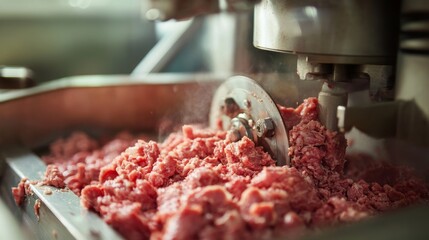 Close-up of a meat grinder processing raw ground meat
