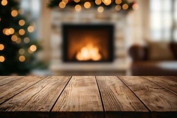 Empty Wooden Tabletop with Blurred Christmas Living Room Decor