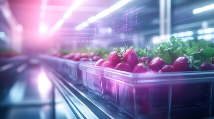Futuristic food factory with AI-driven scanners, detecting imperfections on fresh produce, neon-lit surroundings, digital holograms showing analytics, hyper-detailed, 3D render