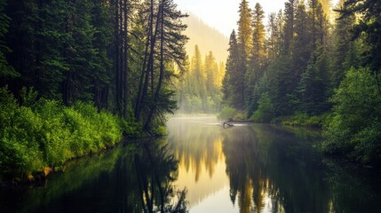 Calm River Flowing Through Dense Forest Landscape