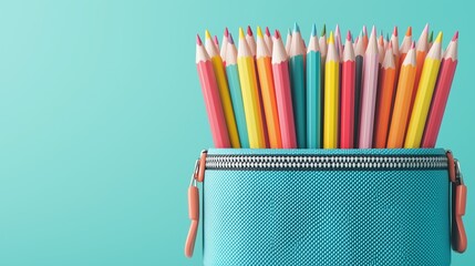 Fototapeta premium Colorful Pencils in a Blue Pencil Case on Turquoise Background