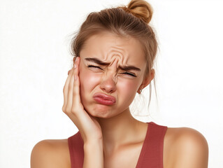 Fototapeta premium Junge Frau mit Migräne Kopfmschmerzen hält die Hand an den Kopf. Das Gesicht ist schmerzverzerrt. Migräne Kopfschmerzen 
