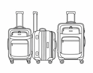 continuous line drawing of travel suitcases with wheels