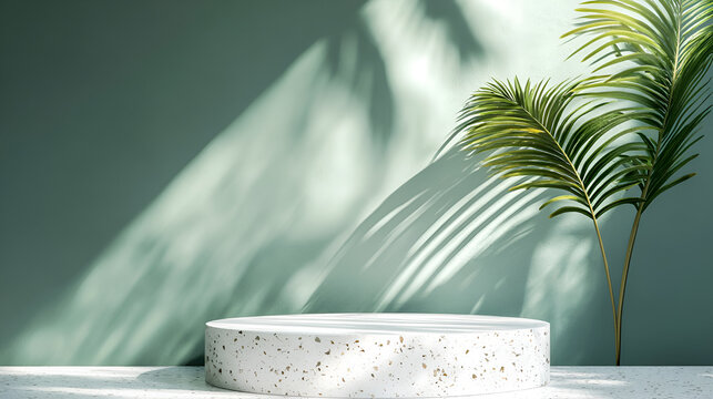 white  cylinder podium in portrait aracea palm plant background, 3d rendering scene template,Empty white round podium with green palm, sunlight, leaves shadow in white wall background, 
