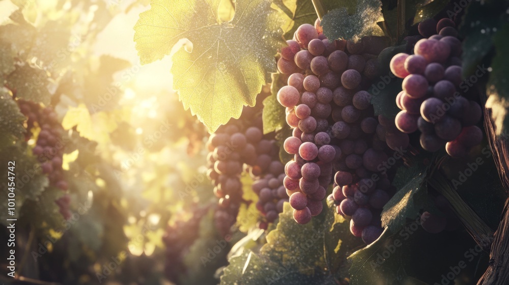 Poster Ripe Purple Grapes on a Vine in Warm Sunlight