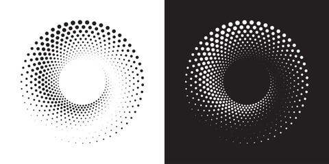 Halftone circular frame logo set. Circle dots isolated on the white background. Fabric design element. Halftone circle dots texture. Vector design element for various purposes.	