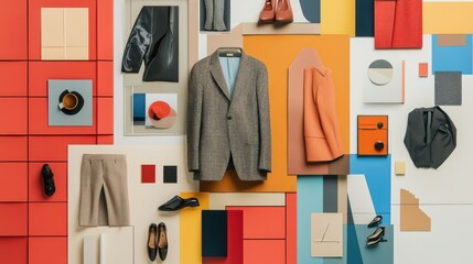Abstract Geometric Composition of Fashion Accessories and Clothing Against a Colorful Background