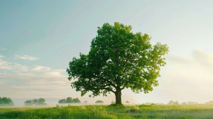 Fototapeta premium Majestic Oak Tree with Vibrant Green Leaves in Field
