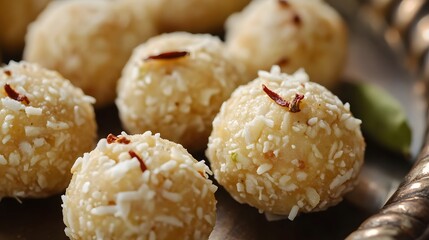 Close-up of coconut laddus with a hint of cardamom