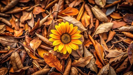 Extreme close-up of a yellow and orange coloured flower on brown dried leaves