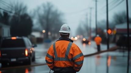 Construction worker in safety gear observing a rainy urban street.
