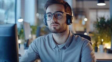 Fototapeta premium A young man wearing glasses and headphones looks attentively at a computer screen in an office setting.