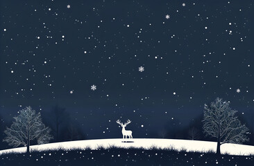 Naklejka premium Starry sky, white silhouettes of trees and deer on the horizon, simple flat ,winter night landscape, white color palette, dark blue background