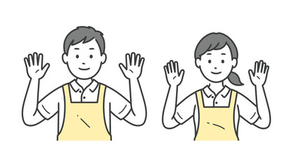 両手を上げる介護士男女の上半身イラスト
