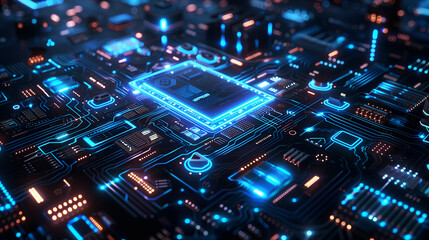Obraz premium Abstract background with blue glowing digital technology and circuit board elements